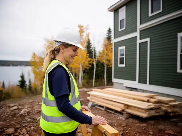 A builder in a hard hat and safety vest on a home construction site.