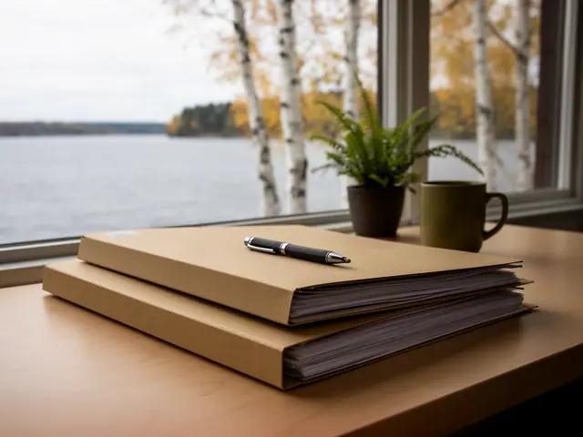 A neat stack of closed manila folders and a pen on a desk by a window.