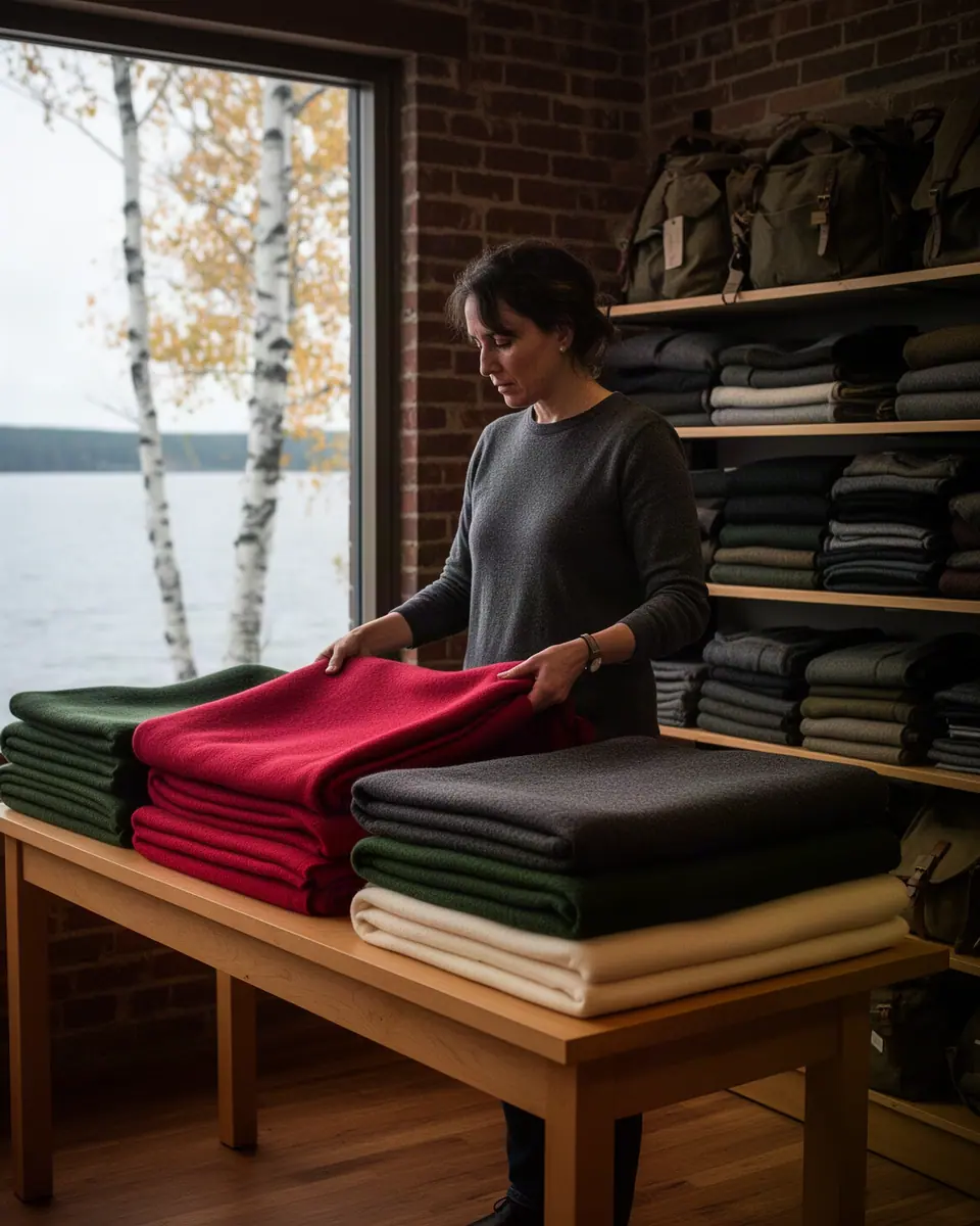 An outdoor-supply store owner folding wool blankets onto a long wooden table in cool morning light.
