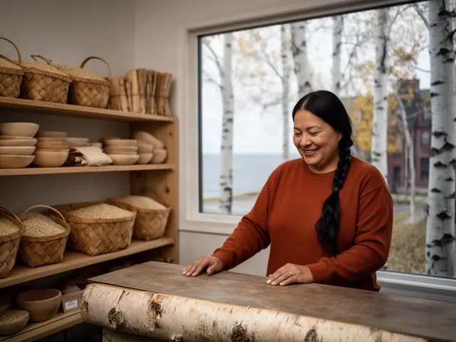 A shop owner behind the counter of a small wild-rice and maple shop.