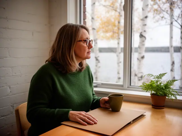 A woman with shoulder-length light-brown hair and tortoiseshell glasses at a desk with a folder and a mug in a small back office.