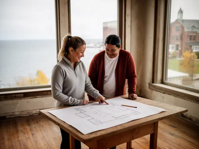 Two business partners looking over a pencil floor sketch in an empty storefront.