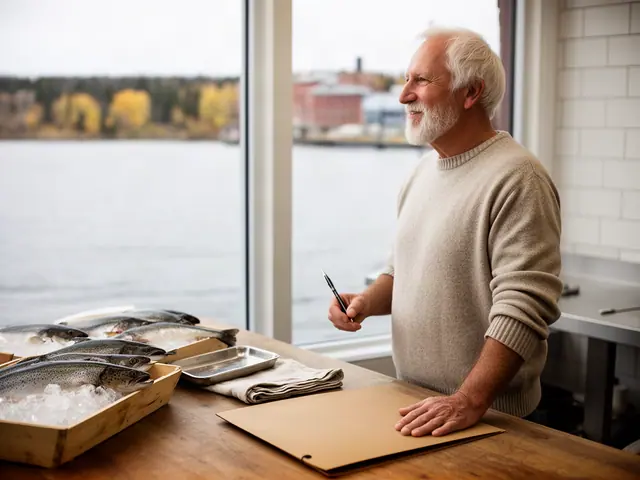 A man with short white hair at a work table with a closed folder in a small fresh-fish shop.